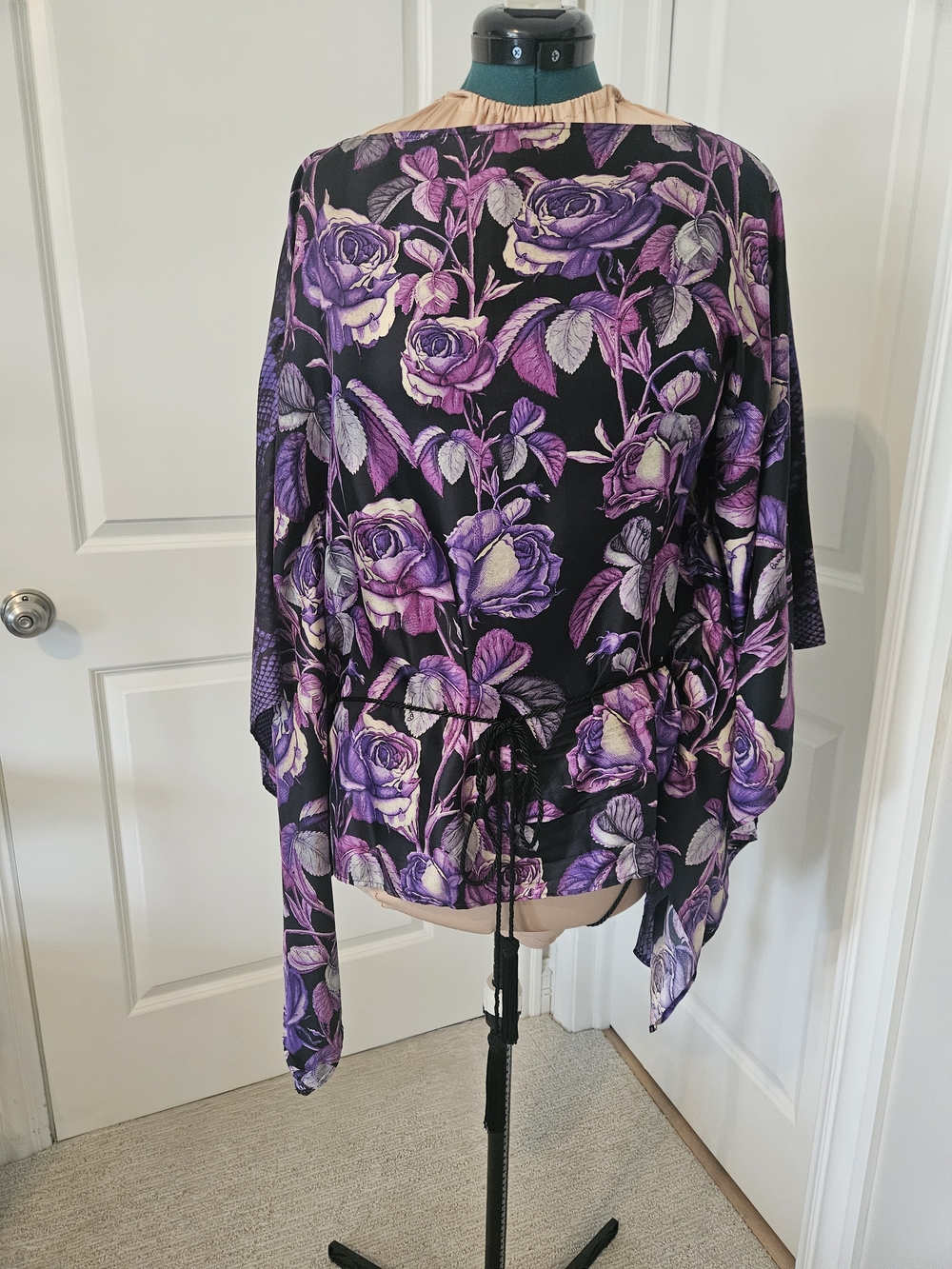 Roberto Cavalli Black Top with Purple & Pink Rose Print 100% SILK